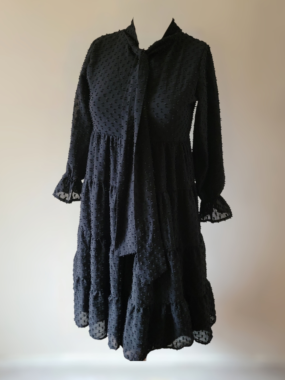 Dainty Jewells Black Swiss Dot Tiered Long Sleeve Dress with Tie Neck Girl's XL